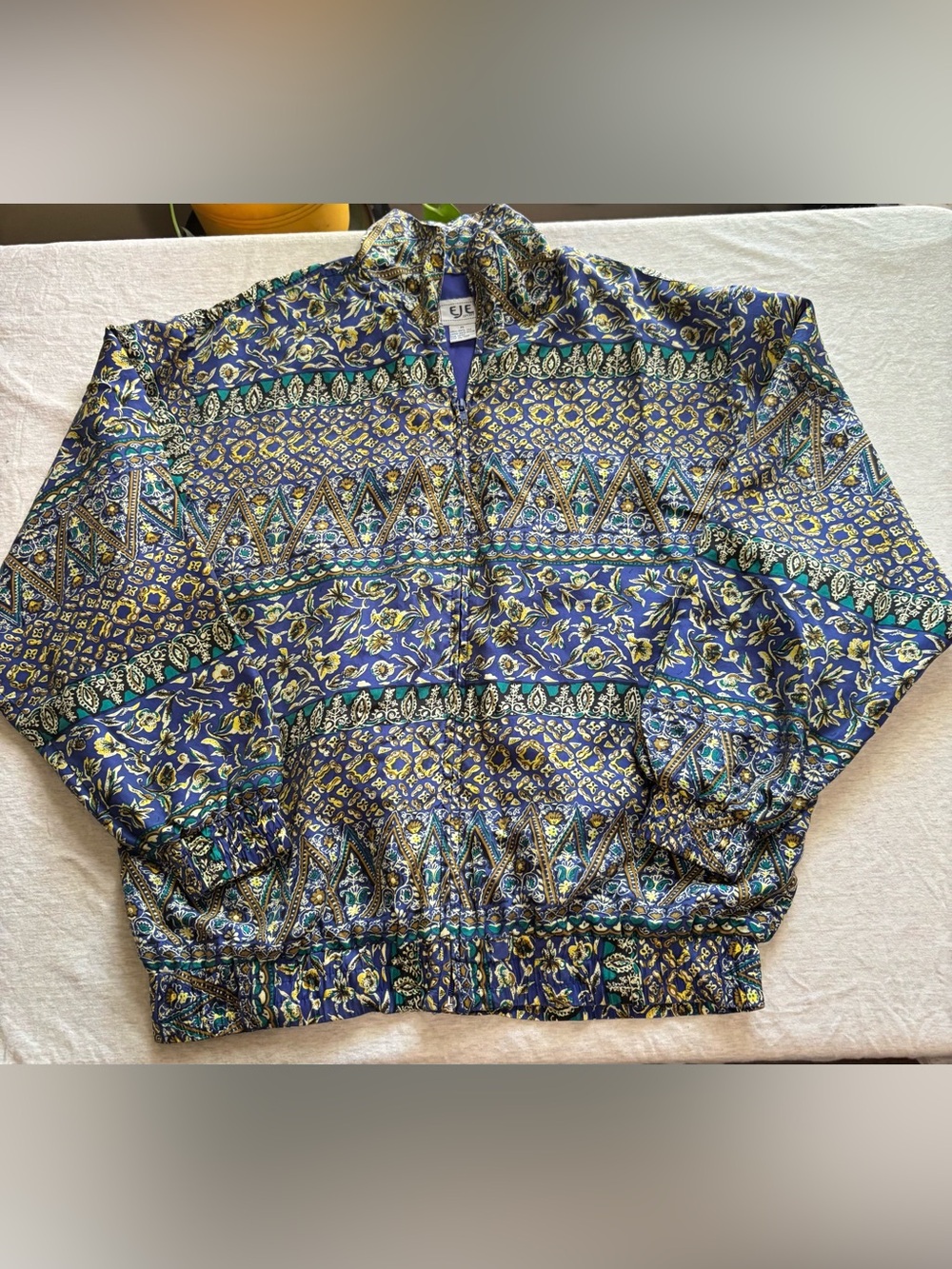 Vintage EJE Sport Silk Bomber Jacket Women Medium Blue Floral Paisley Zip